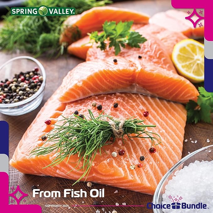 Choice Bundle Spring Valley Fish Oil Omega 3 Fatty Acid Supplement Lemon Softgels 500 mg 180 Ct 4 pk (720 Total) + Vitamin Guide and Pill Container (6 Items)!