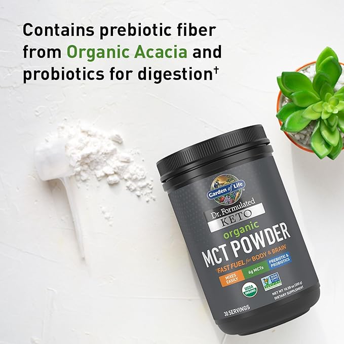 Garden of Life Dr. Formulated Keto Organic MCT Powder - 30 Servings 6g MCTs from Coconuts plus Prebiotic Fiber &amp Probiotics Certified Organic Non-GMO Vegan Gluten Free