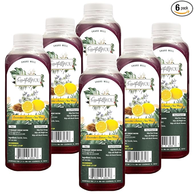 Essentially You Sea Moss Juice 16oz 6-Pack | Lavender Lemon and Irish Moss | Wildcrafted Non-GMO Superfood Gluten Free | Energy Booster