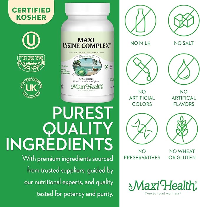 Maxi Health Lysine Complex with Probiotics - L-Lysine 1000mg for Protein Synthesis Canker Sores and Skin – 60 Capsules