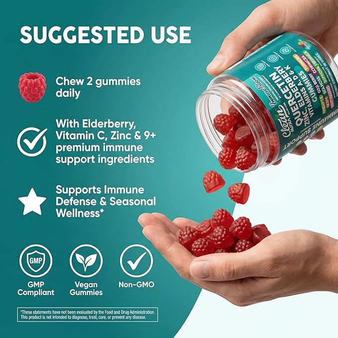 Clean Quercetin Elderberry Immune Support Gummies | Zinc Vitamin K2 D3 A Bromelain Goji Berry Turmeric Sea Moss Echinacea Astragalus Selenium Olive Leaf Immunity Supplement Gummy Vitamins
