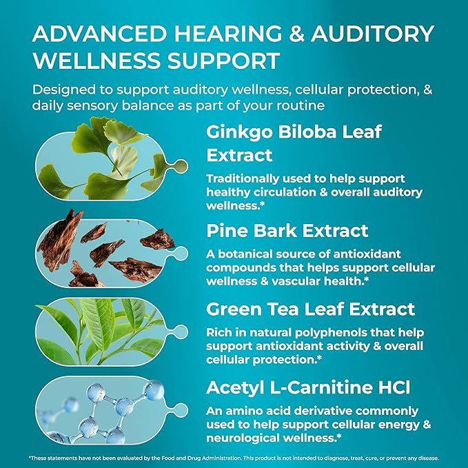 PUREHEALTH RESEARCH Hearing Support Forumla - Ear Health Supplement - Calm Ear Support &amp Auditory Health - with Ginkgo Biloba Green Tea Extract Acetyl L-Carnitine L-Cysteine &amp More - 120 Ca