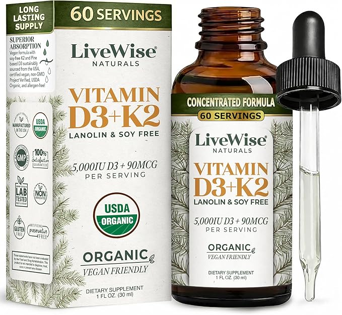 Live Wise Naturals Vegan D3 K2 Vitamin 5000 IU 90 MCG (MK-7) Drops - 60 Servings Ultra Concentrated Formulation and Fast Absorption - Precision Micro-Dosing Dropper for Cognitive &amp Immune Suppo