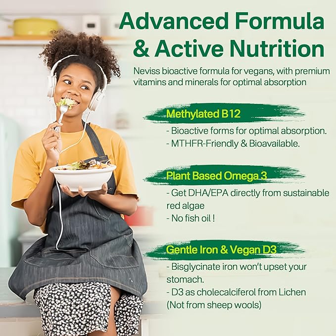 NEVISS (2 Pack) Vegan Multivitamin for Women &amp Men with Methyl B12 D3 K2 Plant Based Omega 3 Iron Choline Zinc Whole Food Daily Vitamins Gummies for Vegans &amp Vegetarians Sugar Free
