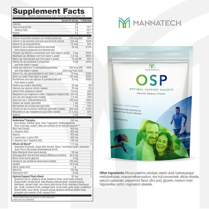 Mannatech More Than Just a Multivitamin Optimal Support Packets Amazing Self-Care Benefits of OSP Daily Vitamins w/Ashwagandha Capsules Immune Support and Antioxidant Supplement - 60 Packets