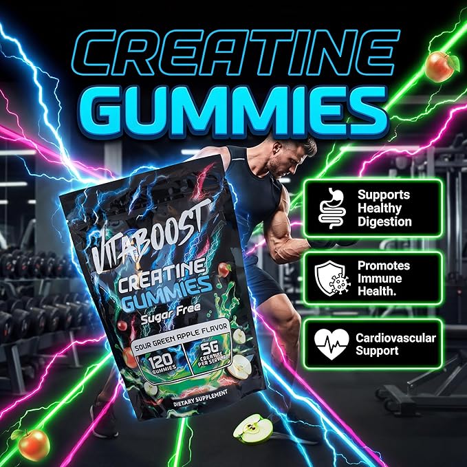 Sugar Free Creatine Monohydrate Gummies – 5g Creatine Per Serving Sour Green Apple Flavor Vegan Low-Calorie No Artificial Colors Made in USA (120 Gummies)