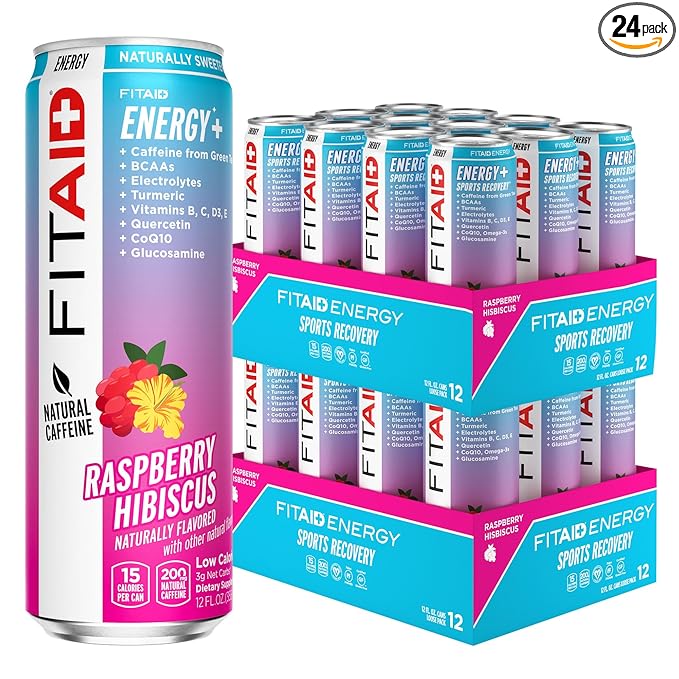 FITAID ENERGY 200mg Natural Caffeine Keto Raspberry Hibiscus Optimum Performance Formula: BCAAs Quercetin Electrolytes Omega-3s Paleo Vegan &amp GlutenFree 12 Fl Oz cans (Pack of 24)