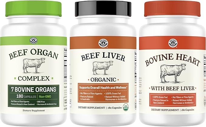 Beef Organ Complex + Organic Beef Liver + Grass Fed Heart &amp Liver Supplements - Organic Nutrient Dense Superfood for Overall Energy Health &amp Wellness - No Fillers Freeze Dried Supplements