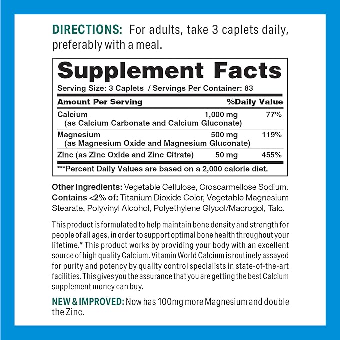 Vitamin World Calcium Magnesium ZincPromotes Bone Health 250 Coated caplets