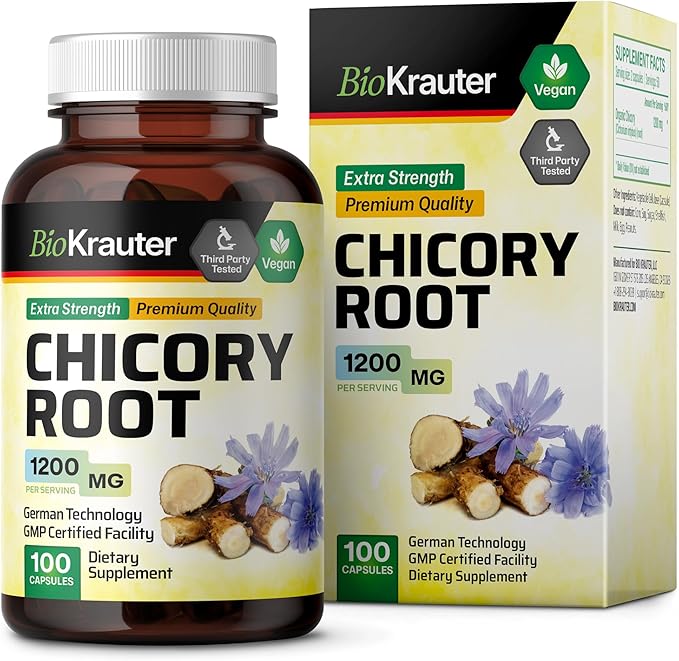 BIO KRAUTER® Chicory Root for Gut &amp Digestive Support - Pure Vegan Prebiotics &amp Fiber Supplement in Capsules 1200 mg per Serving 100 Count - No Fillers Non-GMO - 25 Days of Supply