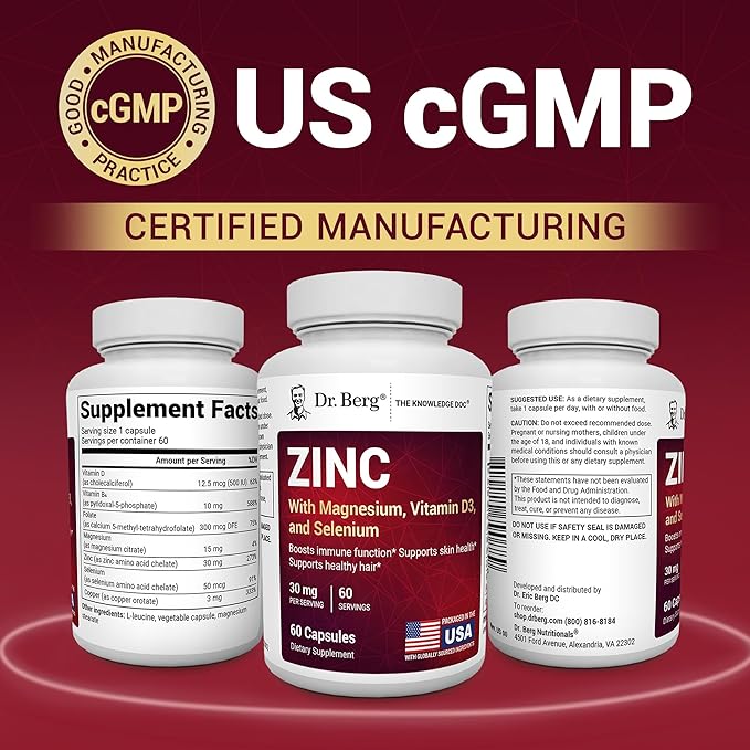 Dr. Berg Zinc 30mg Enhanced with Magnesium Vitamin D3 Selenium &amp Copper - Zinc Supplements for Men &amp Women - Chelated Zinc for Immune Skin Hair &amp Nails Support* - 60 Capsules