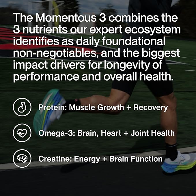 Momentous Three - Creatine Monohydrate Powder (90 Servings) Grass-Fed Whey Protein Powder (Vanilla) &amp Omega-3 Fish Oil 1600mg - Daily Essentials for Strength Performance &amp Lean Muscle Recove