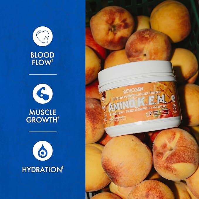 Evogen Amino K.E.M. - EAA &amp BCAA Powder Pump Volumizer | BCAAs Amino Acids Supplement for Blood Flow Muscle Growth &amp Hydration | Peach Mango | 30 Servings