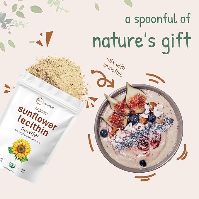Organic Sunflower Lecithin Powder 1 Pound Sustainable Farmed Cold Pressed Rich in Phosphatidyl Choline and Protein Making Liposomal Vitamin C Lactation Supplement Non-GMO
