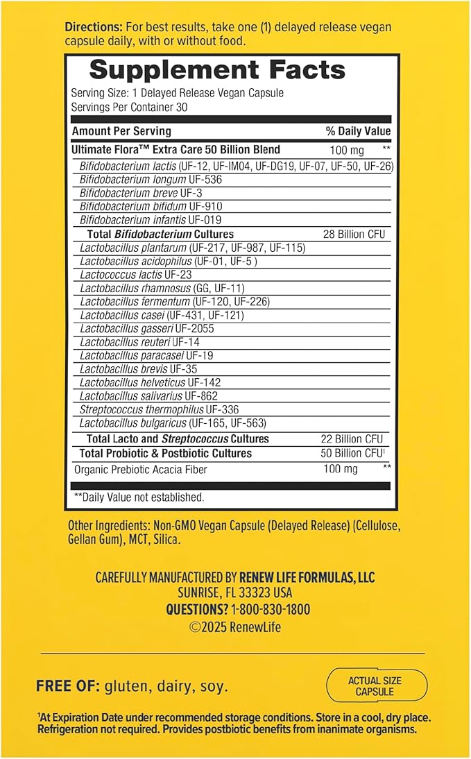 Renew Life Extra Care Go-Pack Probiotic Capsules Daily Supplement Supports Immune Digestive and Respiratory Health L. Rhamnosus GG Dairy Soy and gluten-free 50 Billion CFU 30 Ct
