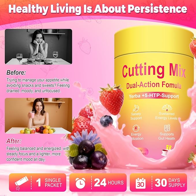Cutting Drink Mix – Supports Satiety Signaling Energy &amp Gut Health with Berberine Chromium FOS Yerba Mate &amp 5-HTP | Vegan Sugar-Free Non-GMO | Strawberry Açaí – 30 Sticks