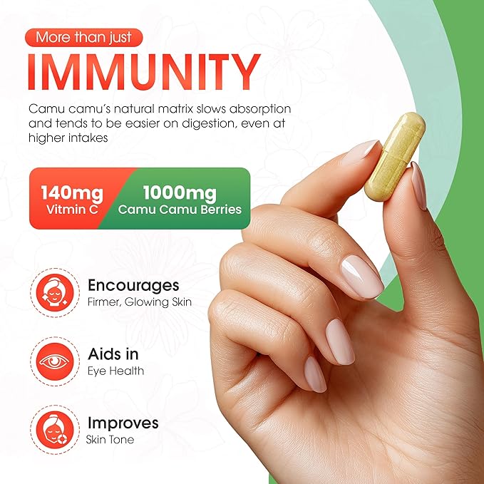 Organic Vitamin C from Camu Camu Capsules 1000mg Packed with Natural VIT C Raw Antioxidants - Immune Support Supplement &amp Anti-Aging for Skin - Powder Organic Vegan Non-GMO (120 Count)