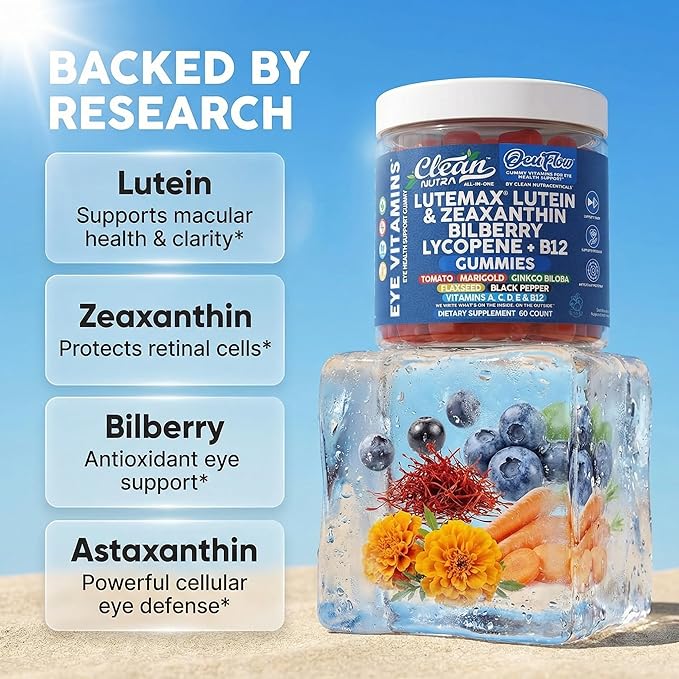 Clean Nutra Lutein and Zeaxanthin Eye Vitamins Gummies + Bilberry for Eyes Vision Support Ginkgo Biloba Marigold Vitamin B12 Flaxseed Black Pepper CoQ10 Vitamin A l 60 Count B OcuFlow