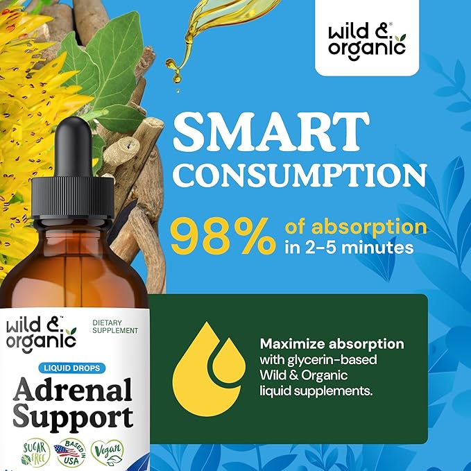 Wild &amp Organic Adrenal Support Supplements - Mood &amp Energy Support - Ashwagandha &amp Rhodiola Rosea Extract Complex for Women &amp Men - Add to Tea Liquid Drops - Vegan No Sugar &amp Alco