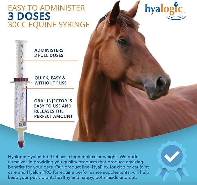 Hyalogic Hyalun PRO Gel – Hyaluronic Acid Horse Joint Supplement – Pre &amp Post Event Booster – 30cc Equine Syringe Oral – 3 Full Administrations Hyalun 100mg Pure Hyaluronic Acid (HA)