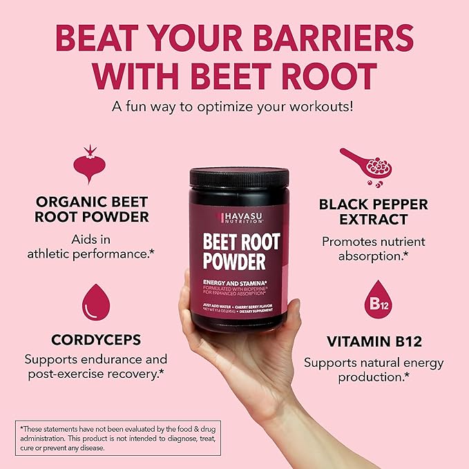 Organic Beet Root Powder with Vitamin B12 &amp Coryceps - Nitric Oxide Supplement - Beetroot Powder for Energy &amp Post Workout Recovery - Mix with Water or Smoothies Cherry Berry Flavor - 30 Serv