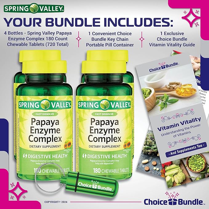 Spring Valley Papaya Enzyme Complex Chewable Tablets Digestive Health 180 Ct 4 pk (720 Total) + Vitamin Vitality &amp Pill Container (6 Items)!