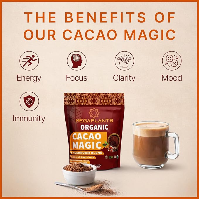 MegaPlants Cacao Magic | Superfood 5 Mushroom Blend | Lions Mane Reishi Chaga Cordyceps Turkey Tail | Smoothie Hot Chocolate Coffee Alternative
