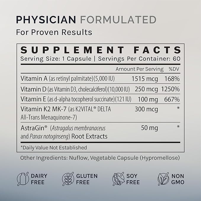 InfiniWell Defend Pro Bone &amp Immune Support Supplement - Vitamin A D3 &amp K2 Supplement - Bioavailable Active Nutrients - 250mcg VIT D - Aid Bone Strength Heart Health &amp More (60 Capsules