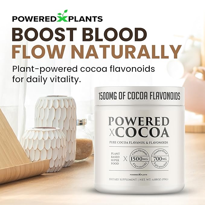 High Flavanol Cocoa Powder - 1500mg Cocoa Flavanols 12X More Epicatechin 700MG Epicatechin Antioxidant Flavonoids - Supports Brain Heart Health Nitric Oxide &amp Circulation by Powered X Plants