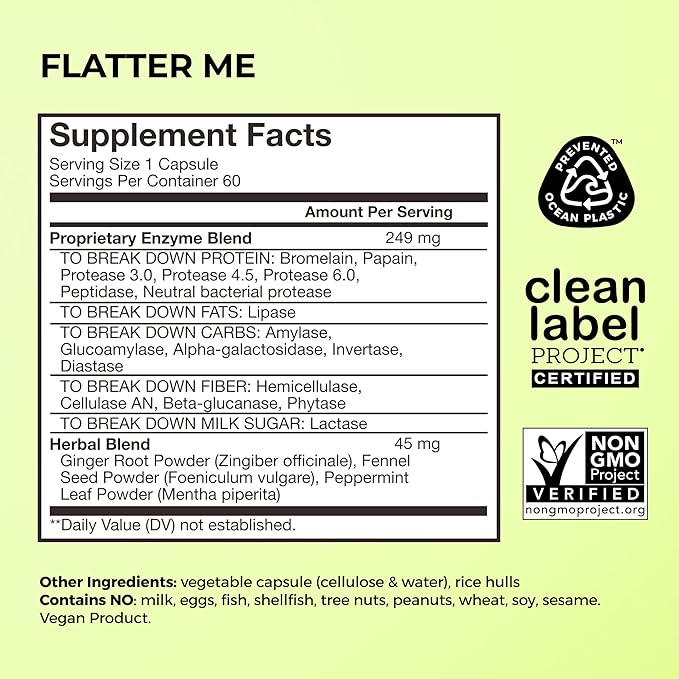HUM Flatter Me Digestive Enzymes for Women &amp Men Digestive Health Bloating Supplement with Ginger &amp Peppermint Leaf Fast Acting Anti Bloat Pills Multi Enzyme for Debloating Vegan 60 Capsul