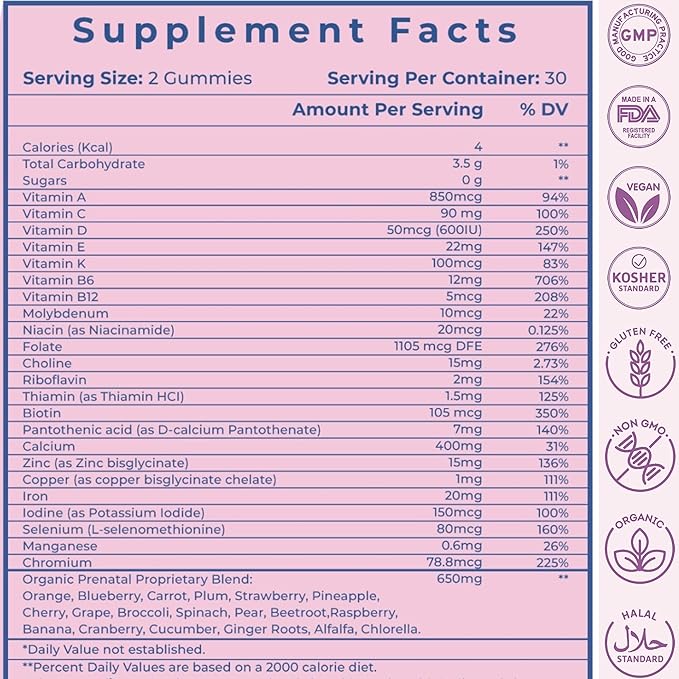 Sugar Free Prenatal Gummies — 30+ Nutrients (Choline Folate Iron Vitamin) for Fetal and Neural Support Bones Energy &amp Immunity — USA-Made Vegan Prenatal Vitamins for Women (60 Gummies)