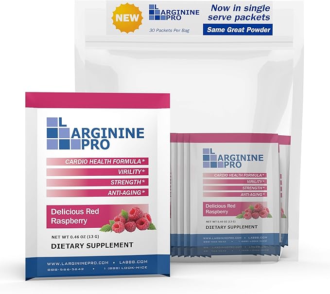 L-ARGININE PRO Supplement Powder | 30 Packets Single Serve Travel Size | 5500mg of L-arginine Plus 1100mg L-Citrulline Raspberry