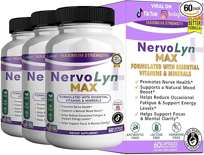 NervoLyn Max Maximum Strength Nerve Support Supplement 60 Capsules with Vitamin B Complex Vegan Gluten Free Non-GMO 30 Day Supply (3)