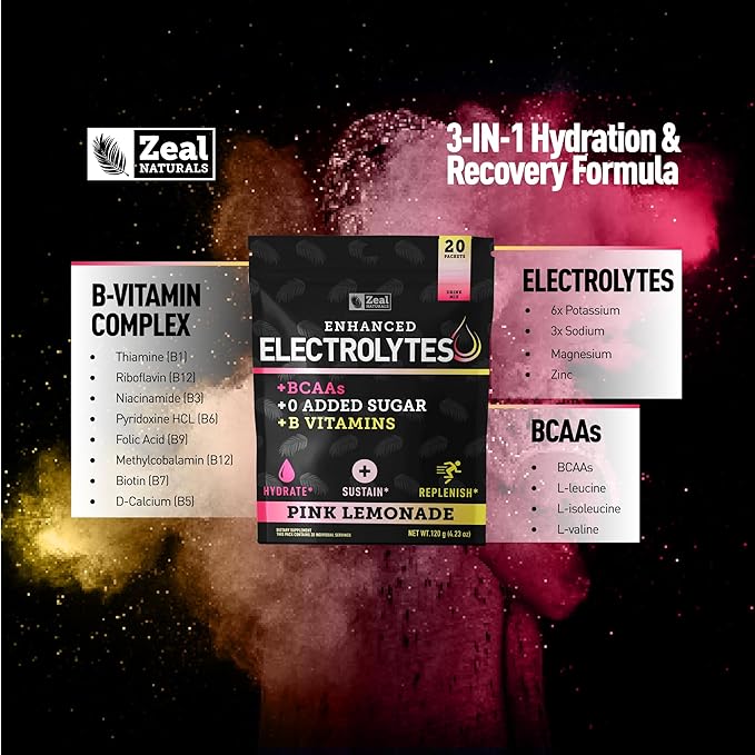 Zeal Naturals Enhanced Electrolyte Powder Stick Packs (Pink Lemonade - 20 Packets) Sugar Free + BCAA B-Vitamins &amp Pink Himalayan Salt - Keto Electrolytes Hydration Powder
