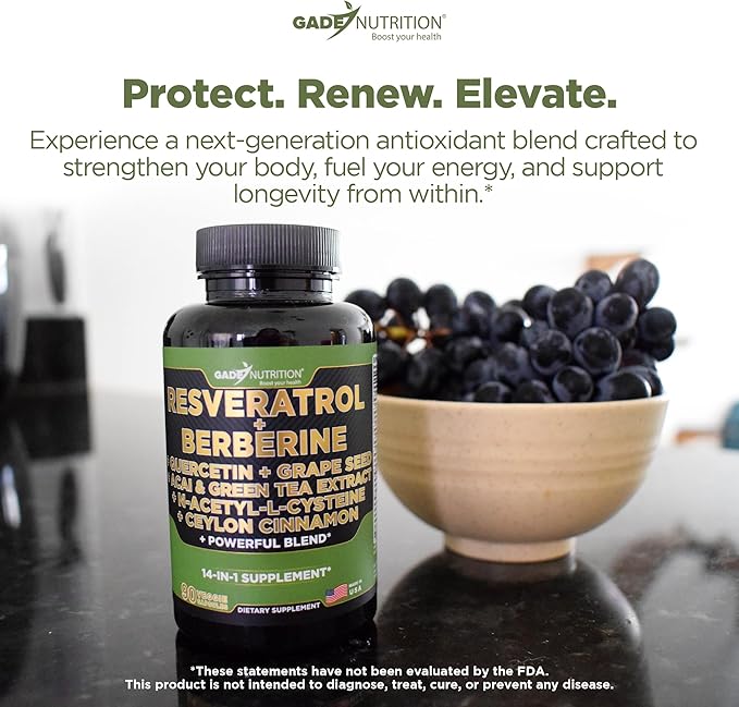 Gade Nutrition Resveratrol Berberine Quercetin Grape Seed Extract Green Tea Extract N-Acetyl Cysteine - 14 in 1 Complex Supplement for Women &amp Men with Potent Antioxidants - Made in USA