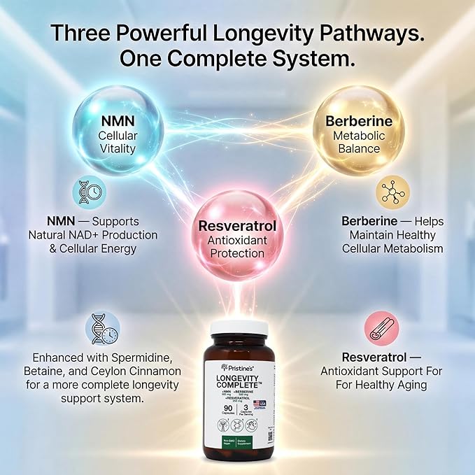 PRISTINE'S Longevity Complete Anti Aging NMN Complex - Advanced Cellular Support - NMN 500mg Berberine 500mg Resveratrol 250mg Healthy Aging Autophagy &amp NAD+ Support - Glass Bottle