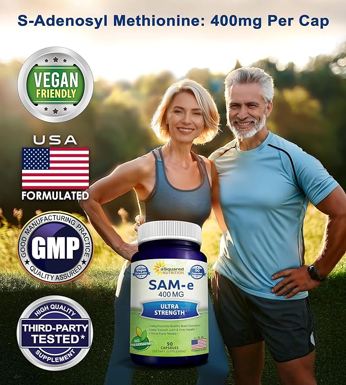 aSquared Nutrition SAM-e 400mg Supplement - 90 Capsules - Same (S-Adenosyl Methionine) to Support Mood Joint Health and Brain Function - Extra Strength Vegan SAM e Pills