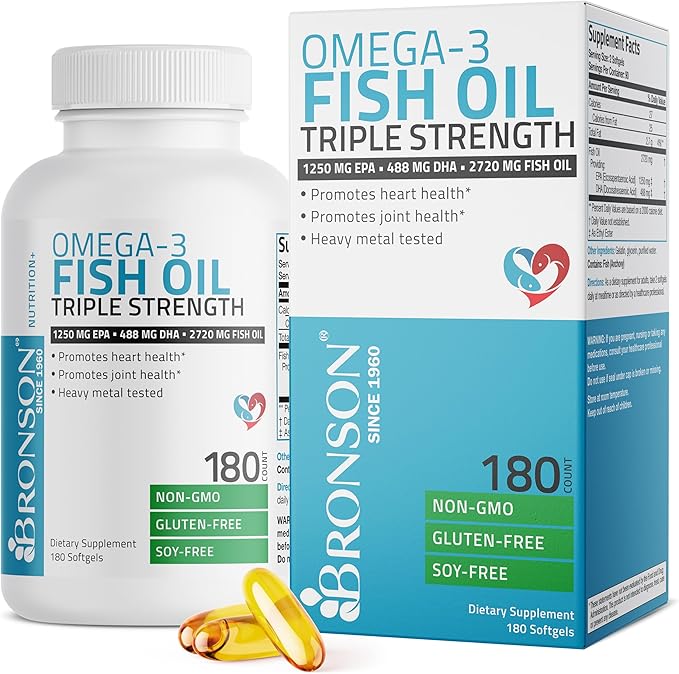 Bronson Omega 3 Fish Oil Triple Strength 2720 mg High EPA 1250 mg DHA 488 mg Non-GMO Heavy Metal Tested 180 Softgels
