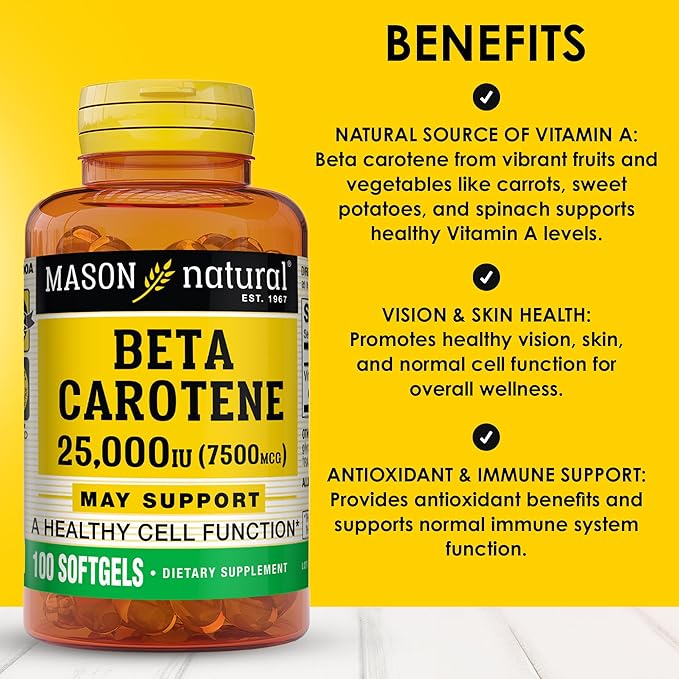 Mason Natural Vitamin A Beta Carotene 25000 IU Supports Vision Cell Function &amp Immune Health 100 Softgels Pack of 3