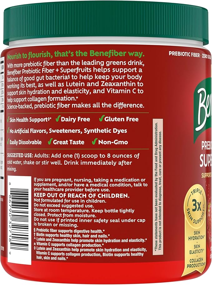 Benefiber Prebiotic GLP-1 Friendly Fiber + Superfruits Dietary Supplement Strawberry Dragon Fruit Flavor 8.8 oz (250g)