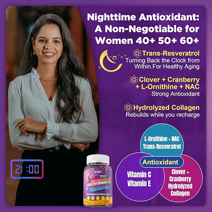 NEVISS Multivitamin for Women Gummies with Magnesium Glycinate 400mg Calcium D3 K2 Collagen Gummy for Nighttime Renewal/Sleep Antioxidant Relax Bone Womens 18 30 40 50 60 70+ PM Daily Vitamins