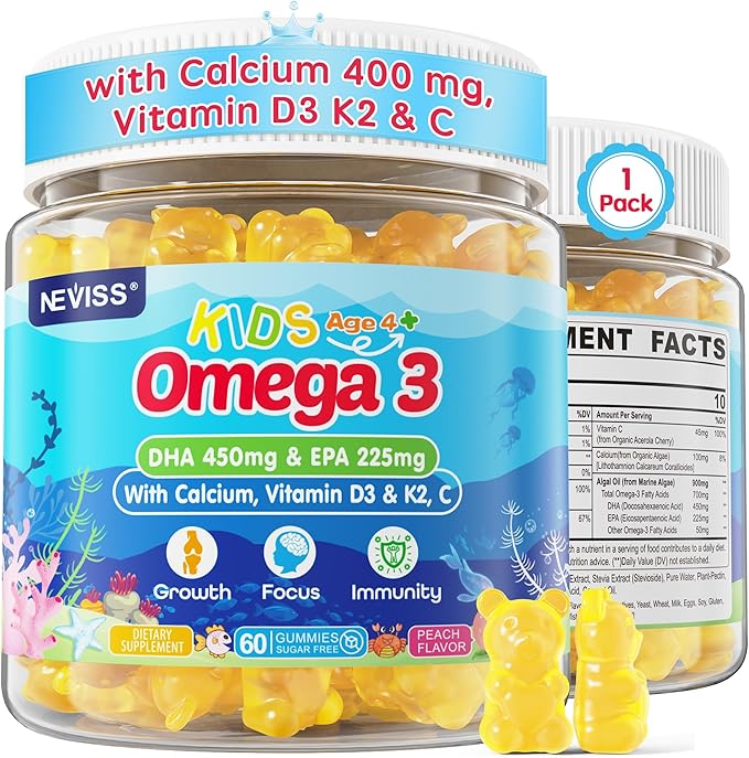 Kids Omega 3 Gummies + Calcium 400mg + Vitamin D3 K2 + C Omega-3 DHA &amp EPA Supplement - No Fish Burps No Sugar - Kids &amp Teens Omḛga 3 + Multivitamin Gummy for Strong Bones Brain Immune Ey