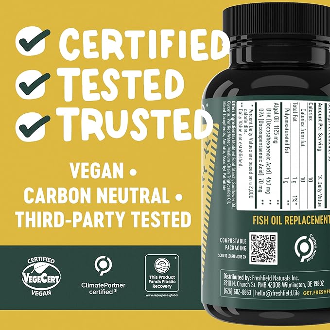 Freshfield Vegan Omega 3 Algae (Algal) Oil Fish Oil Free Company Third Party Tested Carrageenan Free DHA Supplement w/DPA Plant Based Omega. Supports Heart Brain Joint Health