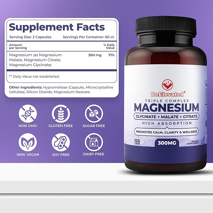 High Absorption Triple Magnesium Complex for Sleep Relaxation &amp Muscle Support – 300mg of Magnesium Glycinate Citrate &amp Malate – Gentle on Stomach – Non-GMO Vegan – 120 Capsules