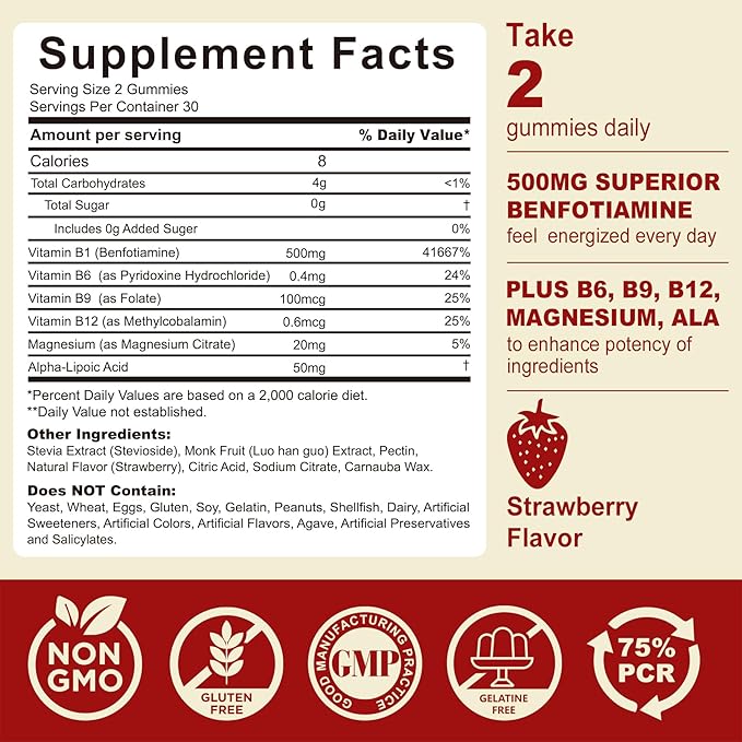Vitamin B1(Benfotiamine) Gummies 500mg – B1 B6 B12 Vitamins with Magnesium for Energy Metabolism Healthy Nervous System – Chewable B Complex for Adults &amp Kids - Vegan Sugar Free 120 Ct