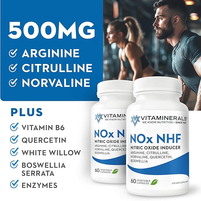 Vitaminerals 122 NOx NHF L-arginine L-citrulline L norvaline Plus B6 Quercetin White Willow Boswellia &amp Enzymes | 60 Veggie caps | 30 Servings