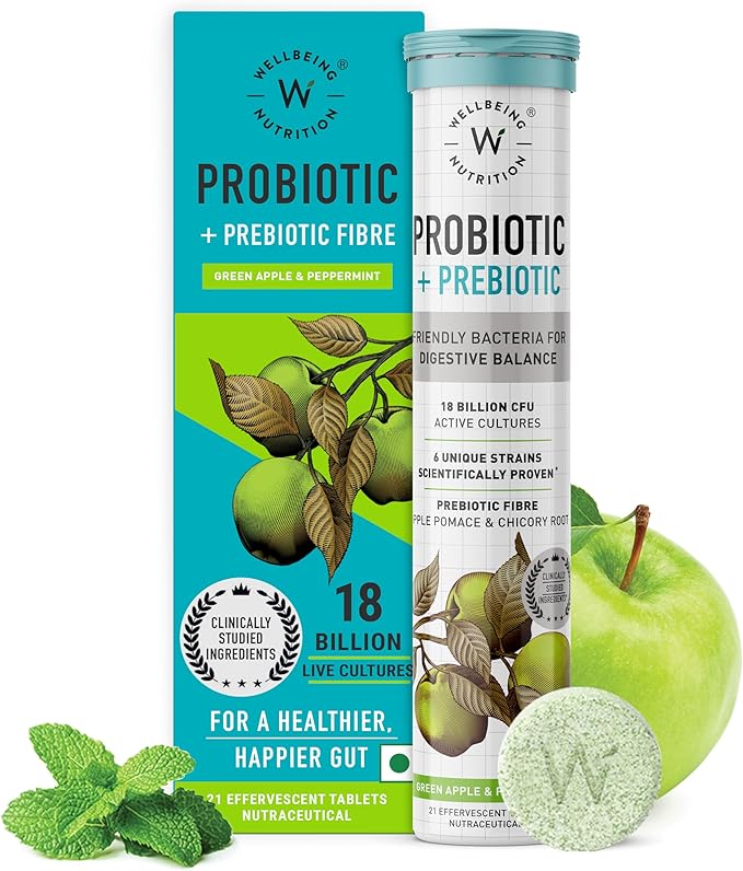 WELLBEING NUTRITION Daily Probiotic + Prebiotic| Plant Based |36 Billion CFU 6 Strains for Men &amp Women with Organic Prebiotic Fiber for Digestion Gut Health Metabolism | 84 Effervescent Tabs