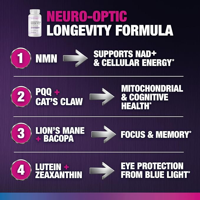 NAD &amp Longevity: Cognition &amp Vision PRO – NMN + NR + PQQ + Lion’s Mane + Lutein + Zeaxanthin – Supports Healthy Cognitive &amp Visual Function – 60 Veggie Capsules