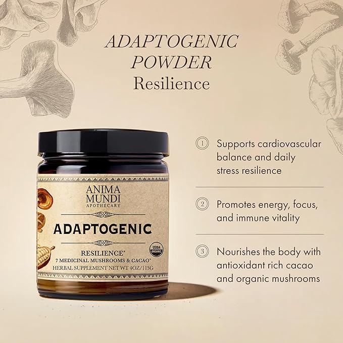Anima Mundi Apothecary Organic Mushroom Supplement - Adaptogenic Mushrooms + Cacao - Uplifting Powder with Organic Lion's Mane Shiitake Chaga &amp More - Add to Coffee Tea &amp Smoothies (4oz / 1