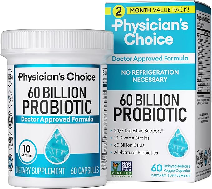Physician's CHOICE Probiotics 60 Billion CFU - 10 Strains + Organic Prebiotics - Immune Digestive &amp Gut Health - Supports Occasional Constipation Diarrhea Gas &amp Bloating - for Women &amp M
